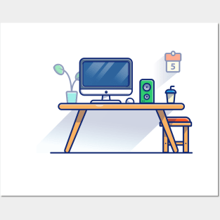 Table, Monitor, Mouse, Speaker, Plant, Calendar, Cup, And Chair Cartoon Posters and Art